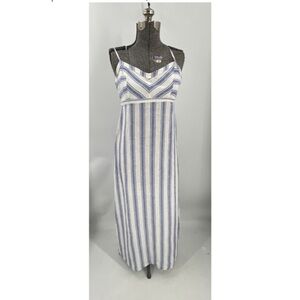 CC California 100% linen, spaghetti strap blue white stripe, maxi dress 6